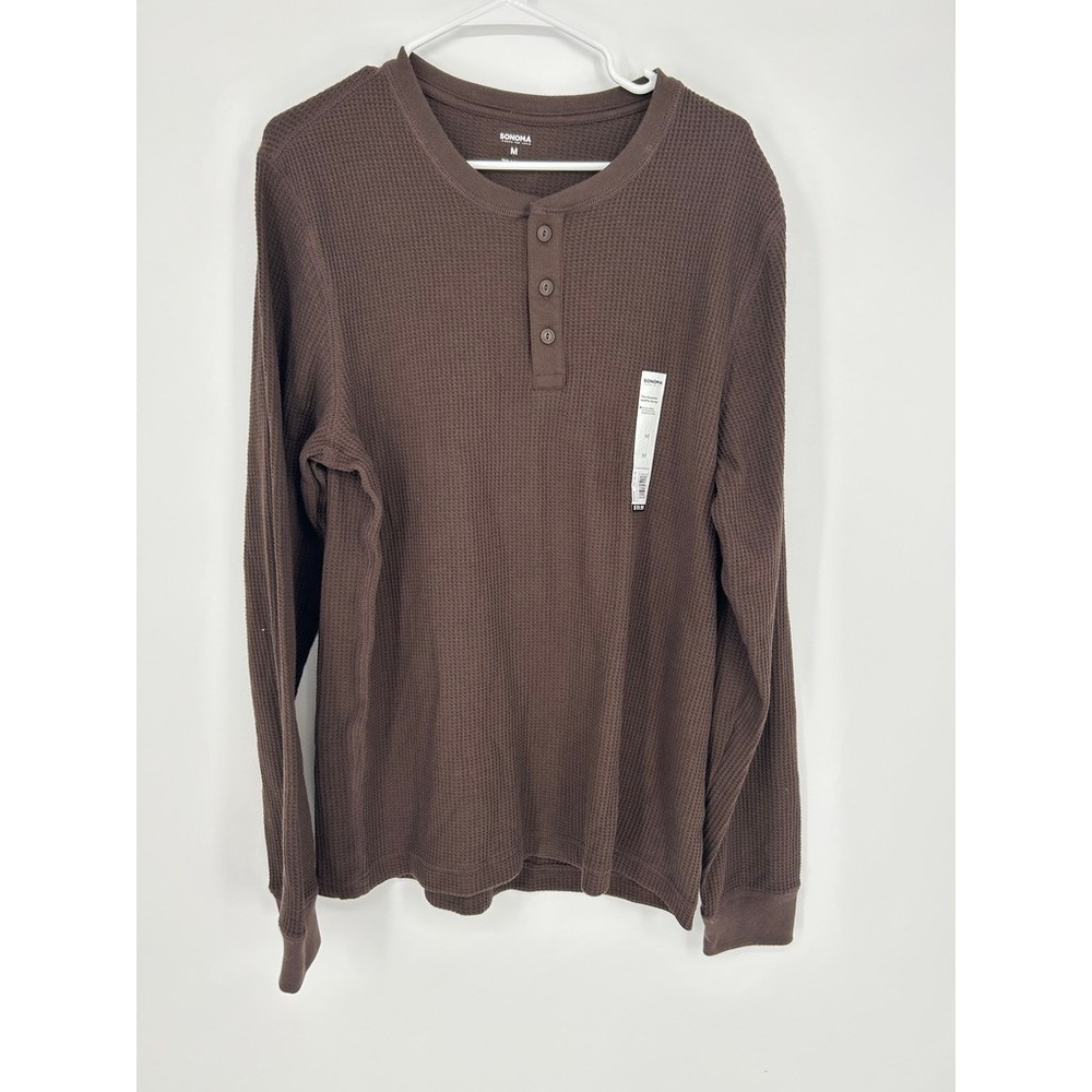 NWT Sonoma Mens Henley Shirt M Brown Textured Waffle Normcore Outdoor Granola